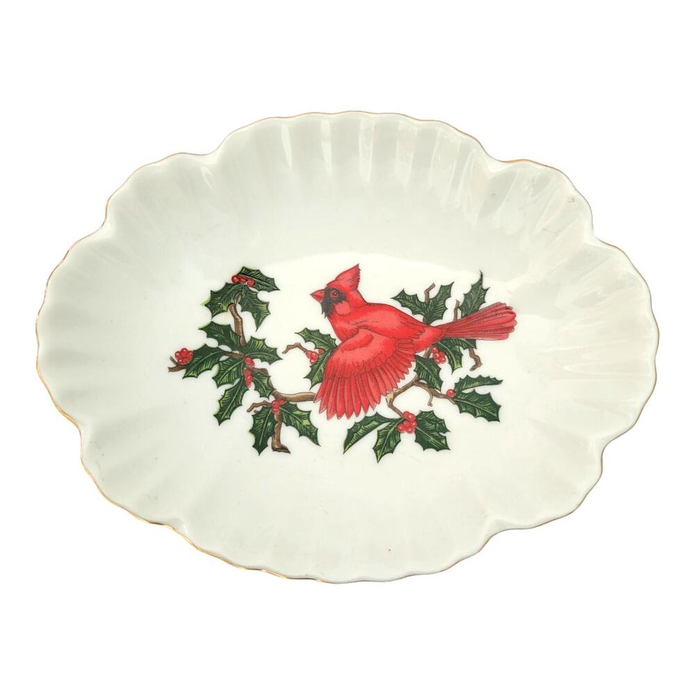 Vintage Lefton Trinket Tray Hand Painted Red Cardinal Holly Berries White Gold